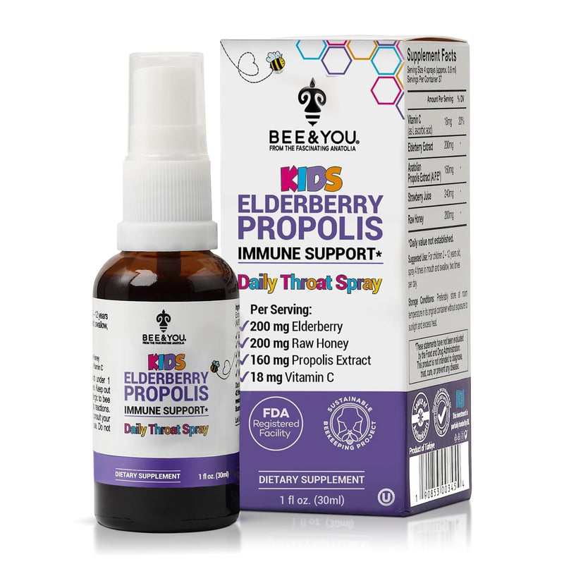 Bee and You Kids Throat Spray with Propolis and Elderberry, Immune Support Supplement for Kids, Kids Vitamins, Immune Defense Spray, 1 fl oz.