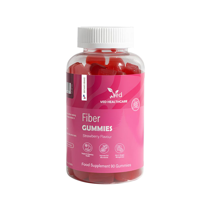 Fiber Vegan Gummies, 90 Gummies, 1 Month Supply, Strawberry Flavour, Vitamin B12 & B6, 3 Per Day, Gluten-Free - By VED