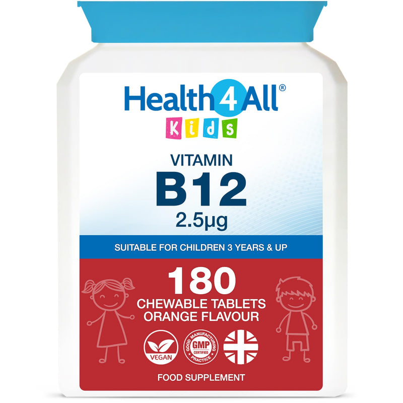 Health4All Kids Vitamin B12 2.5mcg 180 Chewable Tablets 6 Months Supply, Vegan VitB12 Methylcobalamin Supplement for Children 3+, Sugar-Free, Natural Orange Flavour | Made in UK (not Gummies) 180 count (Pack of 1)