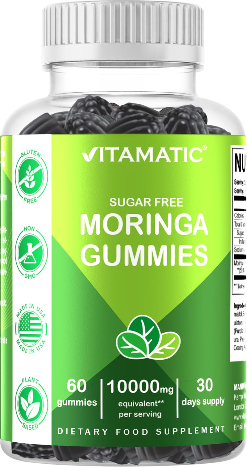 Vitamatic Sugar Free Moringa Gummies - 10000 mg Equivalent per Serving - Complete Green Superfood - 60 Pectin Based Gummies