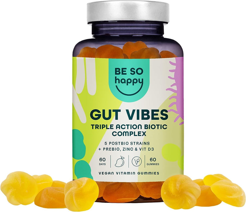 Vegan Prebiotics and Postbiotics, Gummy Bears forGut Health, Immune System & Digestion for Women & Men 60 Days, Complex with Zinc + Vitamin D3, Tropical Fruit Flavor, Gluten Free, Be So Happy®