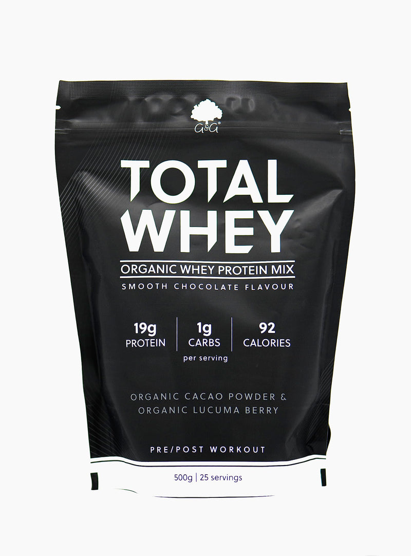 Total Whey - Organic Whey Protein Powder 500g - Whey from Grass-fed Cows - 19g Protein per Serving - Smooth Chocolate Flavour - Non-GMO, Made in The UK by G&G Vitamins