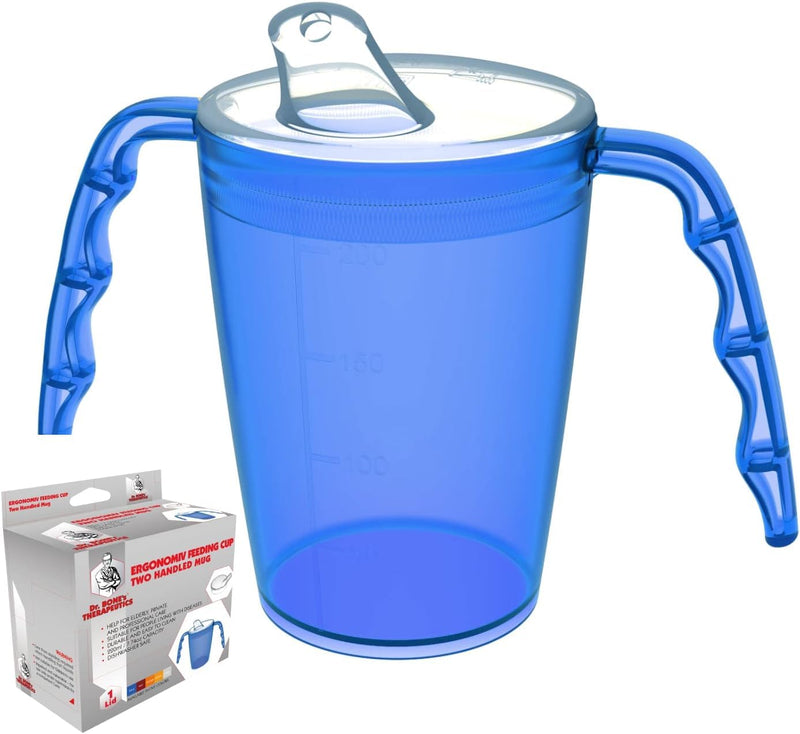 Two handled adult drinking cup 220 ml Blue with spouted lid small opening plastic mug for enhanced ergonomics, mug for secure grip even with shaky hands drinking aid, cup for the care, feeding cup