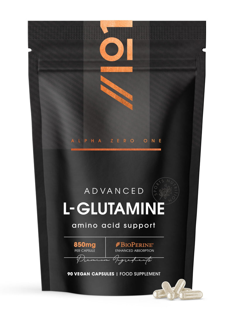 L-Glutamine 850mg with BioPerine® – 90 Vegan Capsules – Vegan Fermented Amino Acid – Resealable and Recyclable Pouch by Alpha01