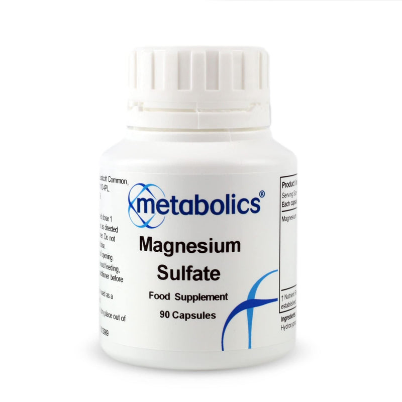 Magnesium Sulfate – 90 Vegan Capsules | 104mg Elemental Magnesium per Capsule | Supports Energy, Muscle, Nerve & Bone Health | Additive-Free | UK Made | Metabolics