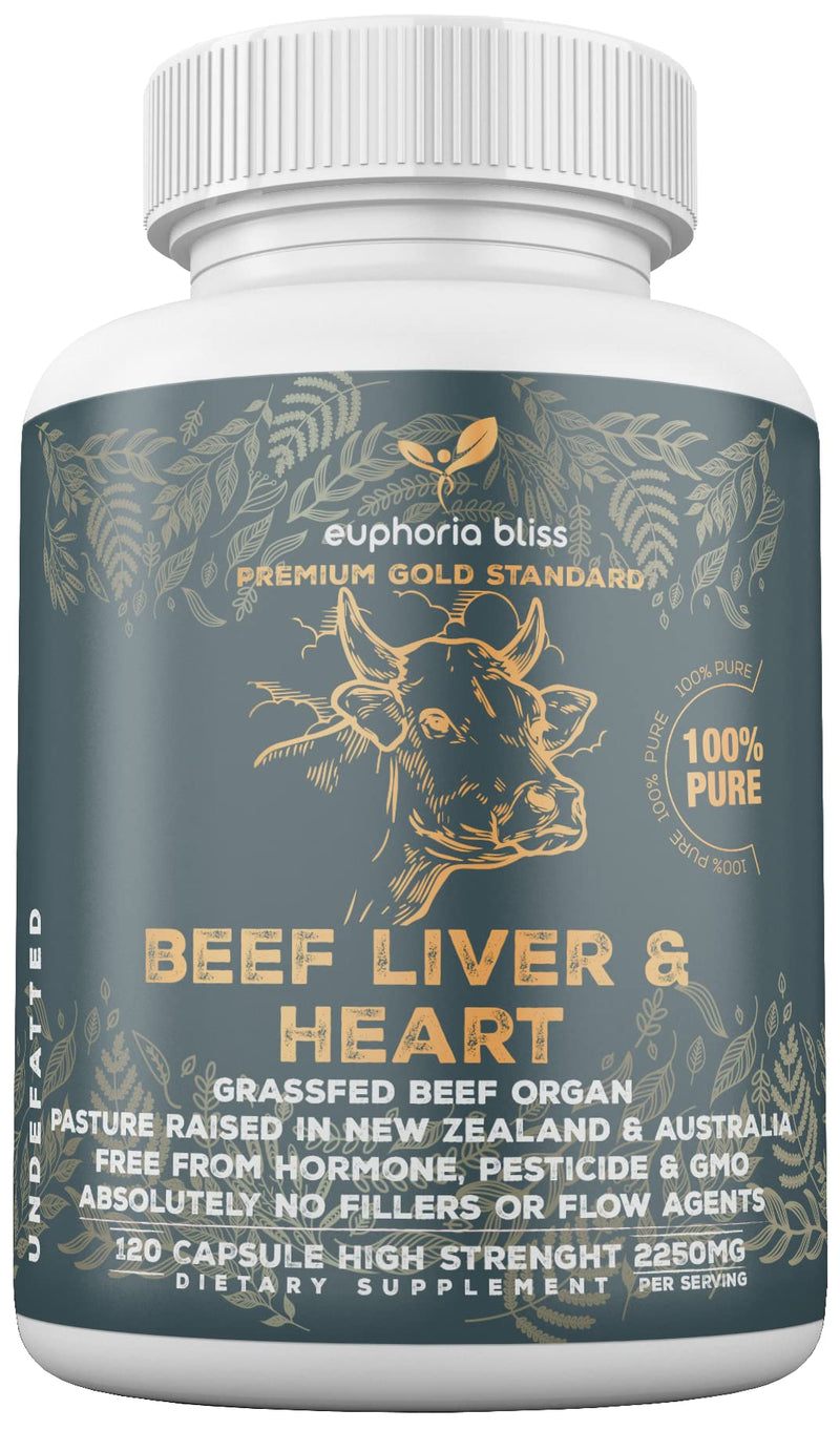 Grass Fed Desiccated Beef Liver & Heart Capsules 2250mg (120 Pills, 750mg Each) – CoQ10 - Energy - Digestion – Heart - Detoxification Non-GMO - Freeze Dried - Pasture Raised Undefatted in New Zealand