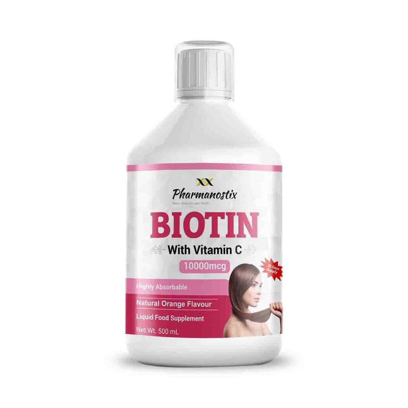 Pharmanostix Liquid Biotin - High Strength 10000mcg - for Healthy Hair, Skin & Nails - Contains Vitamin C & 100% Orange Natural Flavour - More Absorption Than Pills or Capsules - 500ml, 33 Day Supply
