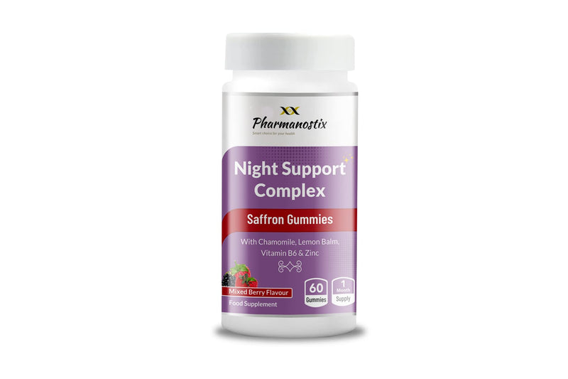 Night Support Complex Vegan & Sugar-Free Gummies (60) - 90 mg Saffron per Gummy- with Calming Chamomile & Lemon Balm, Vitamin B6 & Zinc- 1 Month Supply - Mixed Berry Flavour