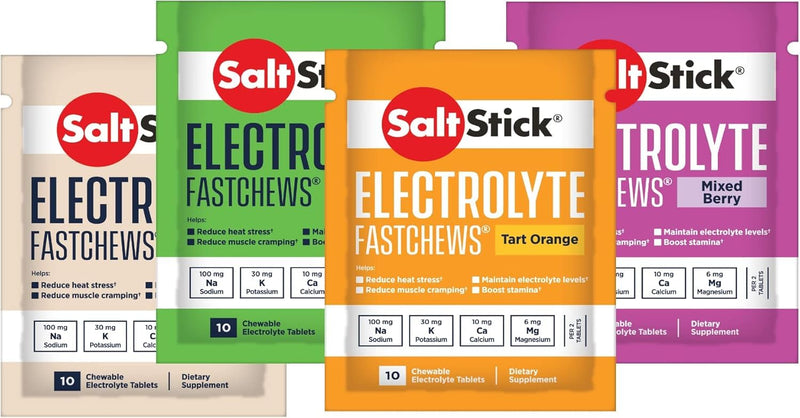 SaltStick FastChews – Electrolyte Chewable Tablets – 4 Test Pack (4 Bags, 10 Tablets Each) – Assorted Flavours