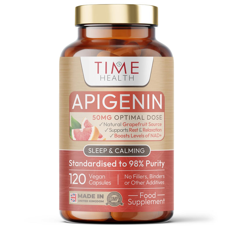 Apigenin - 50mg x 120 Capsules - 98%+ Purity - Optimal Dose for Sleep & Relaxation Support - NAD+ Booster - Grapefruit Source - UK Made - GMP Standards - Zero Additives (120 Count (Pack of 1)) 120 count (Pack of 1)