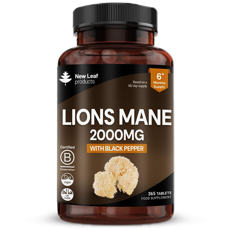Lions Mane Mushroom 2000mg - 365 High Strength Vegan Tablets - Lion's Mane Supplement with Black Pepper - Lion's Mane Mushrooms Extract (Not Powder or Capsules) Made in The UK by New Leaf Products 365 count (Pack of 1)