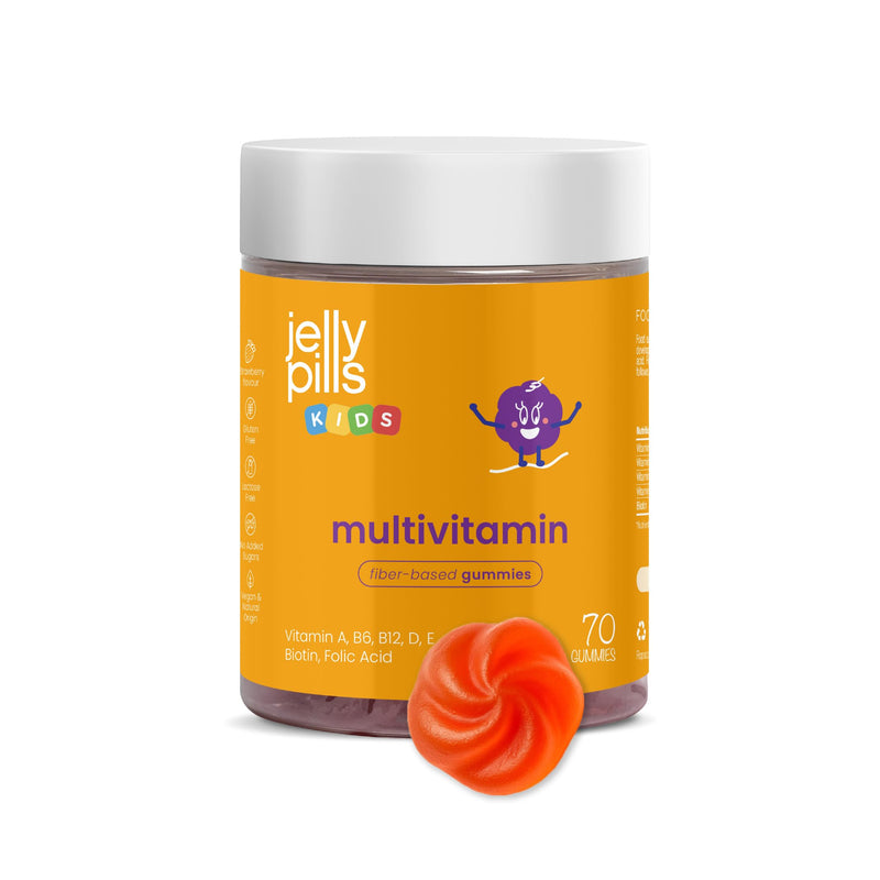 Jelly Pills Kids Multivitamin Gummies + 14 Vitamins & Minerals with Vitamins A, C, D, E, Zinc, Biotin & Folic Acid - 70 Vegan Gummies for 2 Months - No Added Sugar - Strawberry Flavour