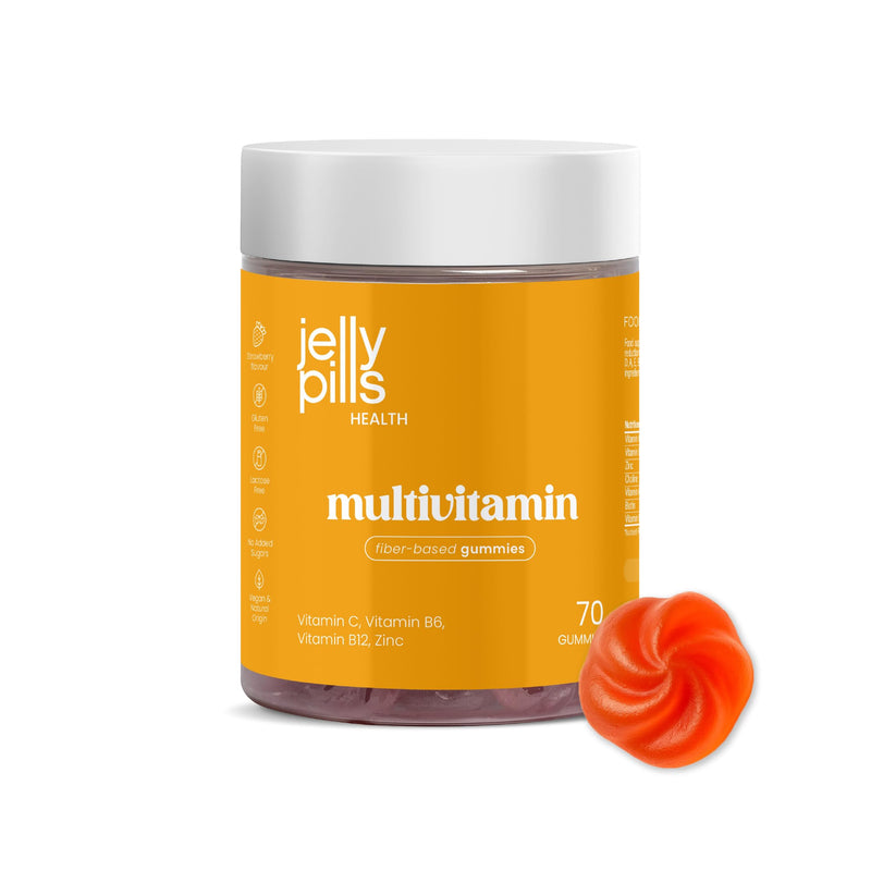 Jelly Pills Multivitamin Gummies for Adults - with Vitamins A, B, C, D, E and Zinc - 70 Vegan Gummies - No Added Sugar - Strawberry Flavour - Energy & Immune System