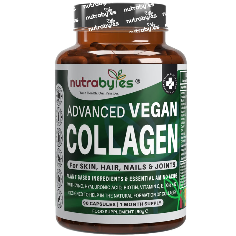 Nutrabytes Vegan Collagen Supplements for Women & Men | Plant-Based Vegan Collagen Capsules with Hyaluronic Acid, Biotin, Vitamin E, D3, C & Amino Acids | Vegetarian Collagen | UK Made