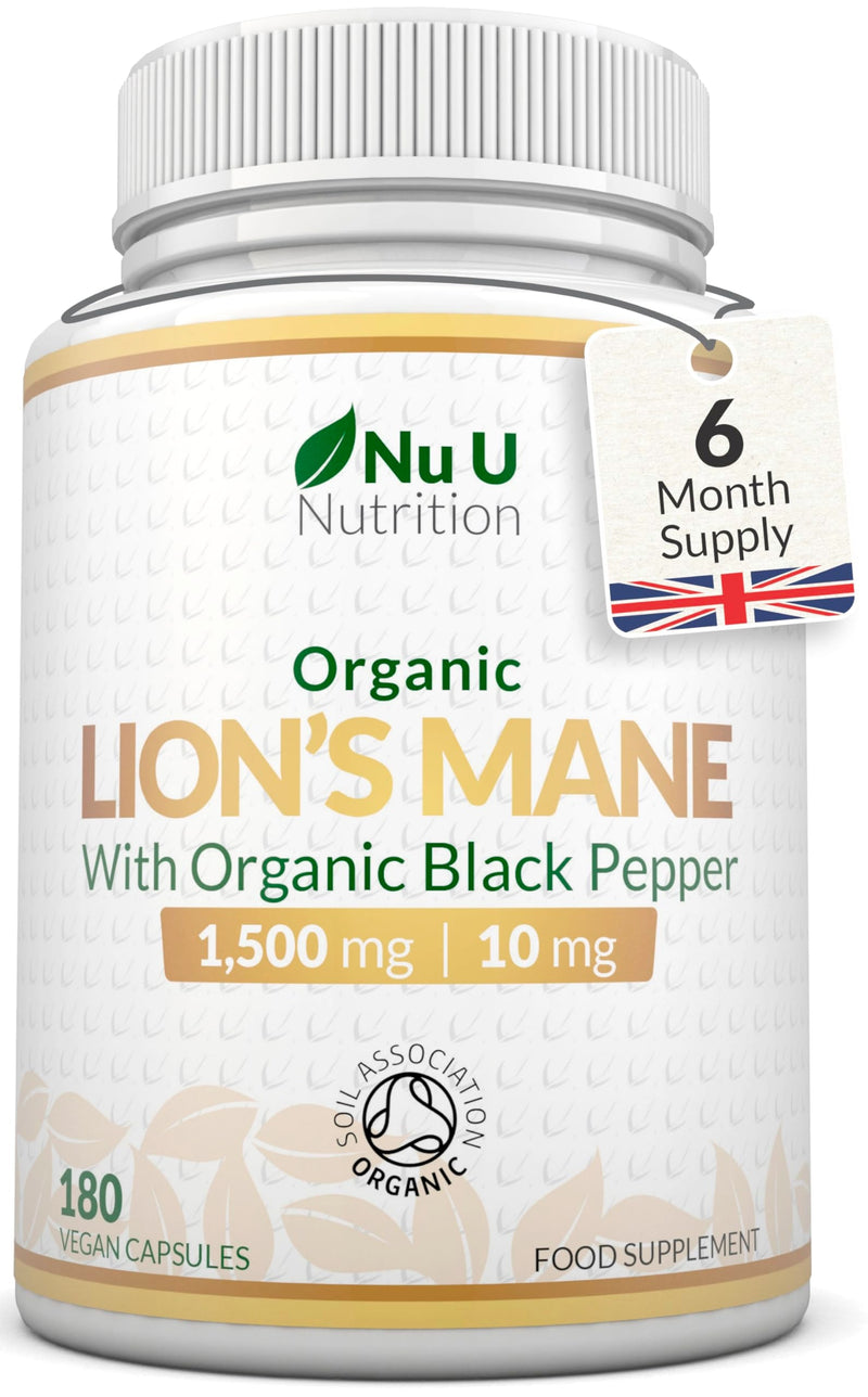 Organic Lions Mane Supplement 1500mg - 180 High Strength Vegan Capsules - 6 Month Supply - Lion’s Mane Mushroom with Organic Black Pepper - Made in the UK - Nu U Nutrition Lion's Mane