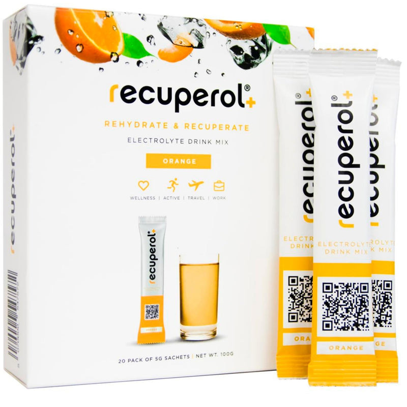Recuperol Electrolytes Sachets - Rehydration Electrolytes Powder with Zinc, Vitamin C, B12, D3 & Potassium for Hydration - Sugar Free, Vegan & Low Calorie - Orange 20 Pack