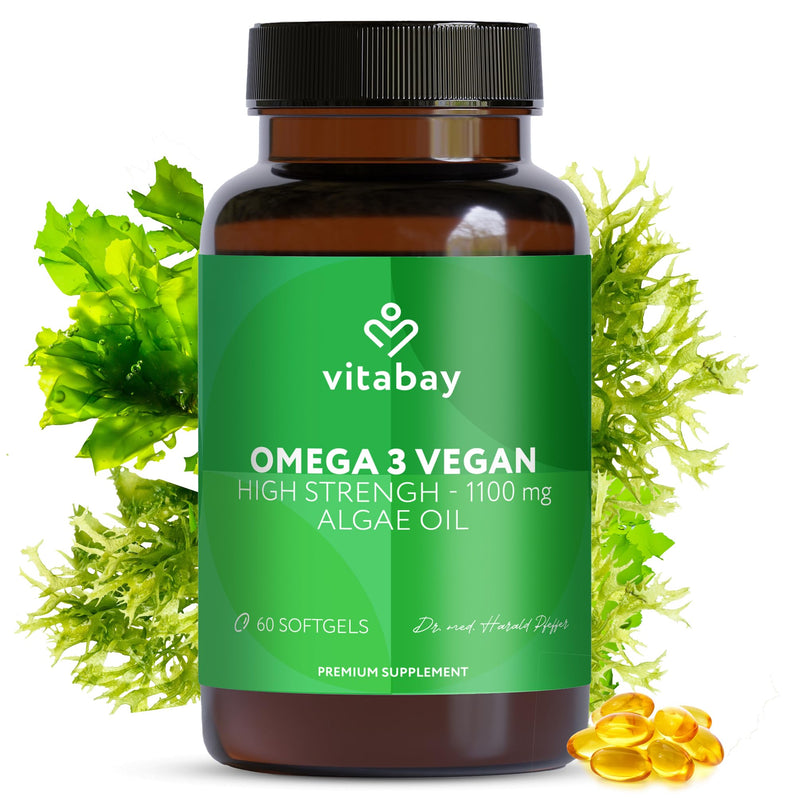 Vitabay Omega-3 Vegan 60 Capsules – 1100 mg Algae Oil with Vitamin E – DHA 600 mg & EPA 300 mg – High Strength – Laboratory Tested in Germany – No Additives – Natural Quality 60 count (Pack of 1)