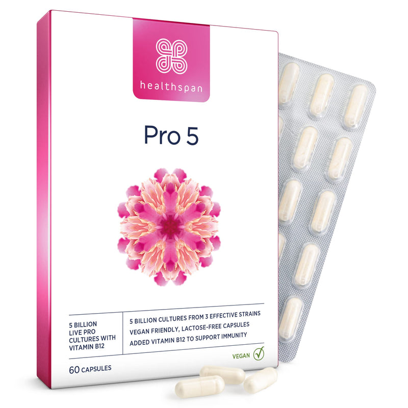 Healthspan Probiotic 5 | Multi-Strain probiotic with 5 Billion Live Cultures from 3 Bacteria strains | Vitamin B12 to Support Your Immune Health | Vegan & Lactose Free Capsules (60 Capsules)
