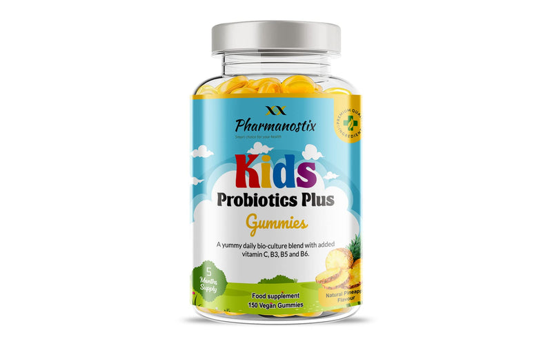 Pharmanostix Kids Probiotics Plus Vegan Gummies - 150 Natural Pineapple Flavour - with Lactobacillus & Bifidobacterium - Supported with Vitamin C, B3, B5 & B6 - for Immune Support & Gut Health