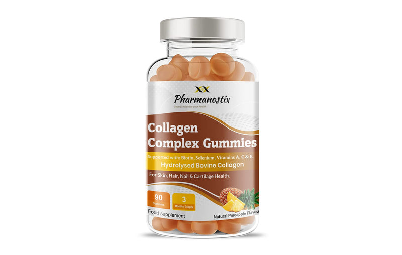Pharmanostix Collagen Complex Gummies - Natural Orange Flavour - Hydrolysed Bovine Collagen Supported with Biotin, Vitamin C & Selenium - for Healthy Skin & Hair for Men & Women (90 Gummies) 90 count (Pack of 1)