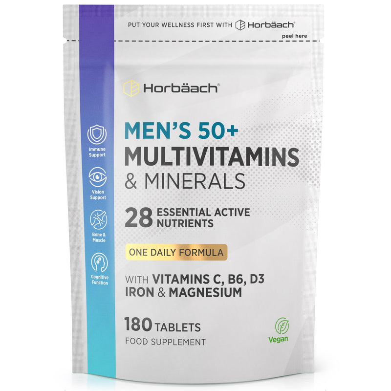Multivitamin Tablets for Men 50 Plus | 180 Count | One-a-Day Formula | 28 Essential Nutrients | with Vitamin C, B6, D3, Iron and Magnesium | Vegan | By Horbaach