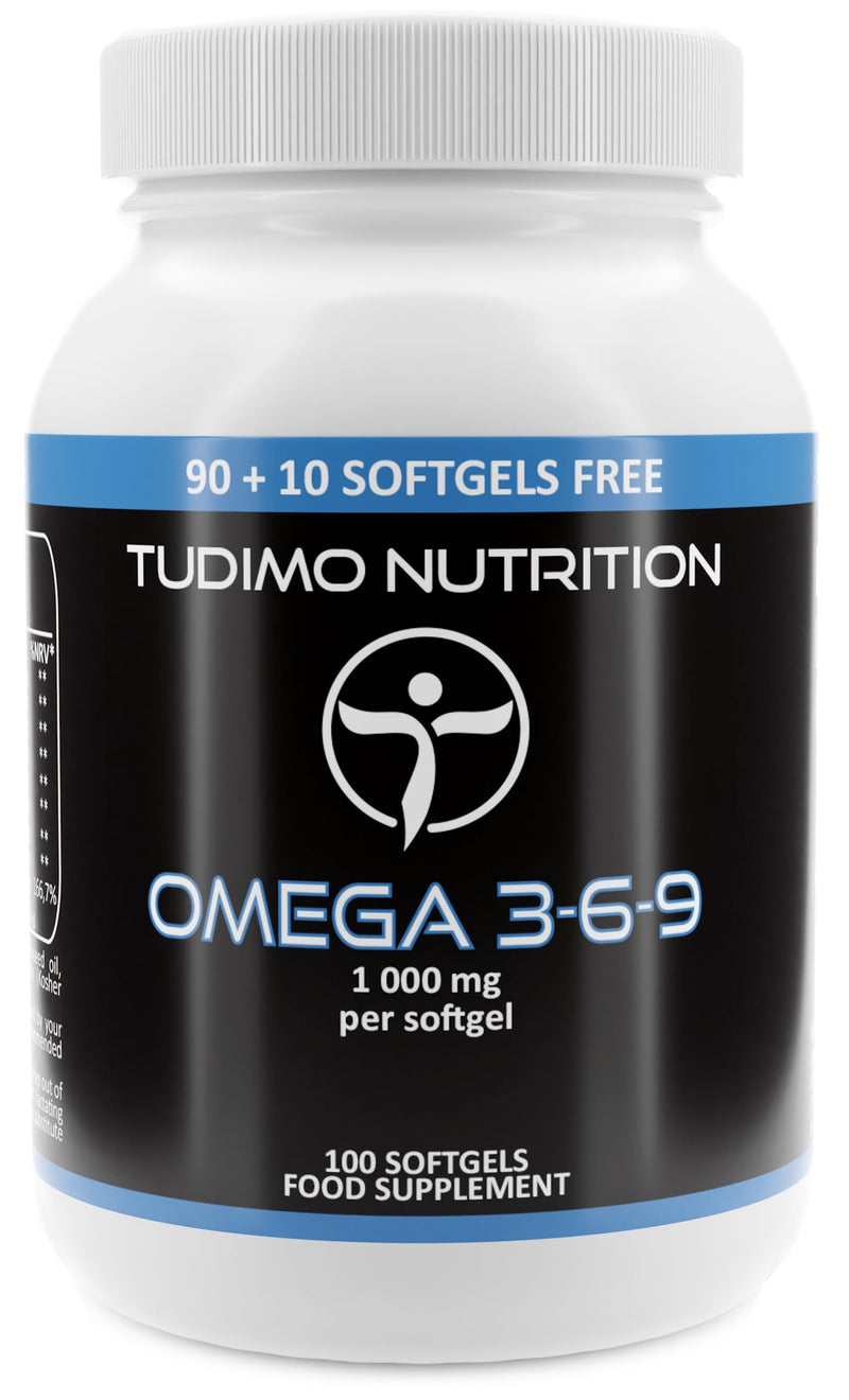 Omega 3 6 9 Capsules High Strength - 1000 mg per Softgel - 100 pcs (3+ Month Supply) of Essential Fatty Acids, Each with 1000mg of Premium Quality Omega 369 Fish, Sunflower, Flaxseed Oil and Vitamin E 1000_UK