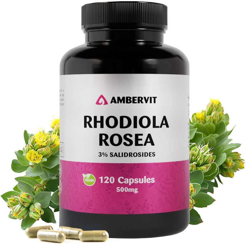 Rhodiola Rosea Capsules High Strength 500mg - 120 Capsules - 3% Salidrosides - Premium Rhodiola Root Extract - 4 Months Supply | Ambervit