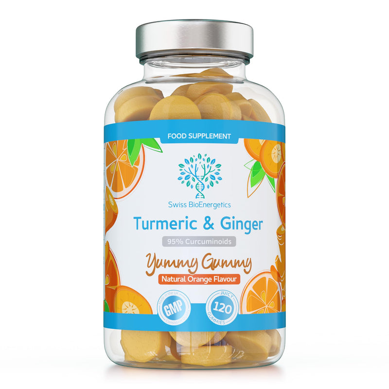 Turmeric Curcumin Gummies with Ginger - 120 Natural Orange Flavour Juicy Yummy Gummies – with a Huge 95% curcuminoids, Vegan & Gelatin Free – 2 Month Supply for Men, Women & Children – Made in the UK 120 Gummies