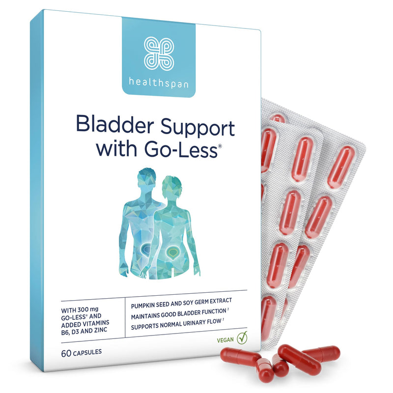 Healthspan Bladder Support with Go-Less® | Supports Good Bladder Health & Urinary Flow | 300 mg Go-Less® | Pumpkin Seed Extract & Soy Germ Extracts | Added Vitamin B6, D3 & Zinc | Vegan (60 Capsules) 60 count (Pack of 1)