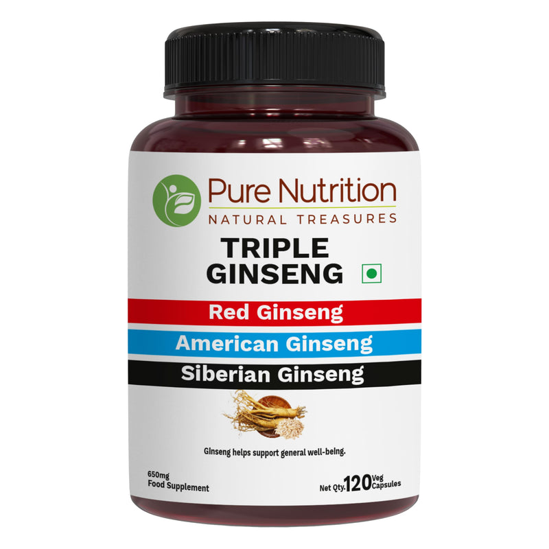 Pure Nutrition Triple Ginseng 650mg | 120 Caps | Supplememtfor Men and Women | Highly Effective Combination of Red, American and Siberian Ginseng. Non GMO 120 count (Pack of 1)