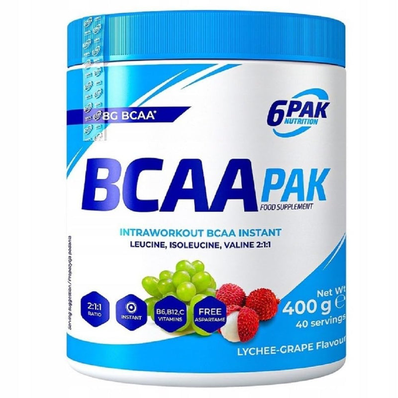 6PAK Nutrition - BCAA Pak - Amino Acids - Vitamins - Dietary Supplement - Regeneration After Training - 400 g Powder - (Lychee with Grapes)