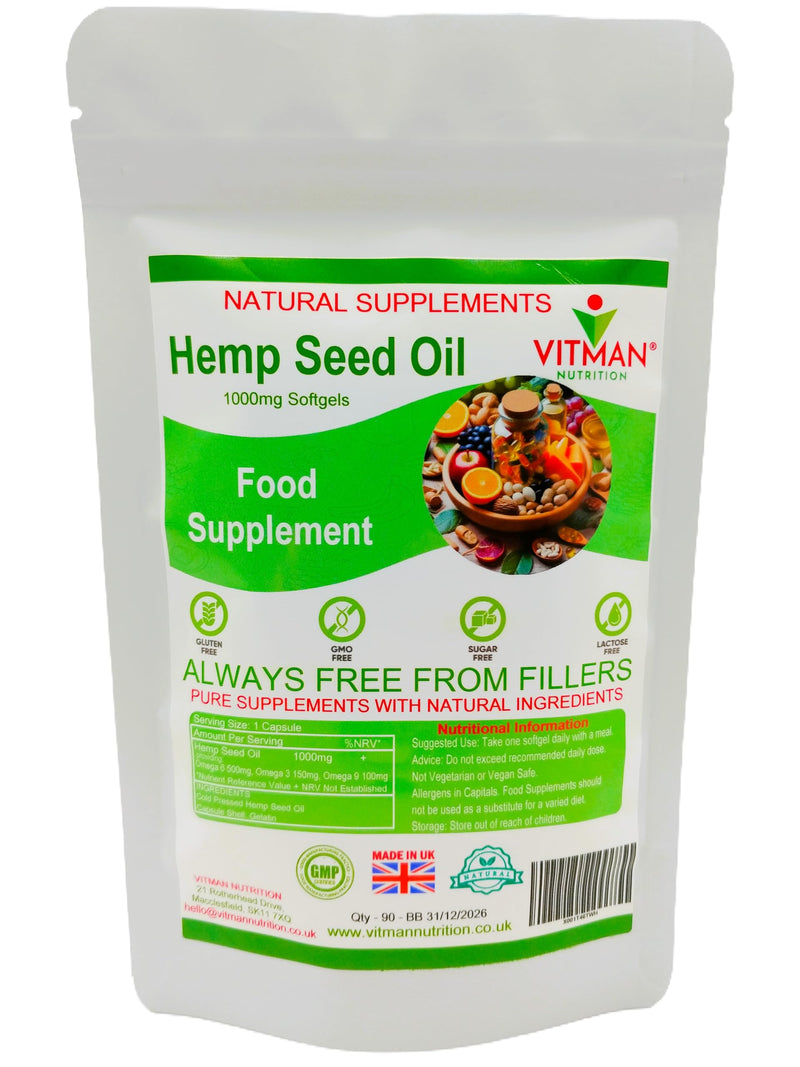 Hemp Seed Oil Softgels 1000mg - 90 Cold Pressed Capsules - High Strength - Pain Relief Support Supplement - Healthy Rich Seed Oil Combining a Balanced Omega 3, Omega 6 & Omega 9 - GLA
