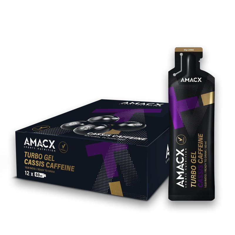 AMACX Turbo Energy Gel for Endurance Athletes with Caffeine, 12 x 60 ml, 200 mg Sodium, 40 g Carbs, Quick-Absorbing Sports Gels (Cassis Caffeine) Cassis Caffeine