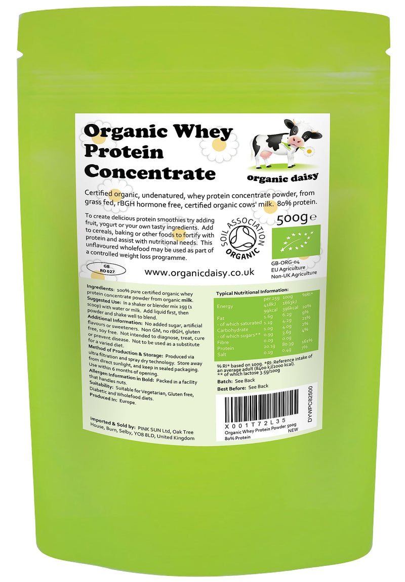 Organic Whey Protein Powder 500g Pure Unflavoured Concentrate Grass Fed SOYA Free Gluten Free Low Carb Vegetarian
