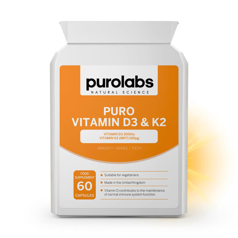 Purolabs Vitamin D3 3000iu & K2 100ug (MK7) - High Strength Vitamin D Supplement for Immune Support, Mood & Bone Health - Vitamin D3 K2 Vegetarian Capsules - Vitamin D Tablets 60 Count