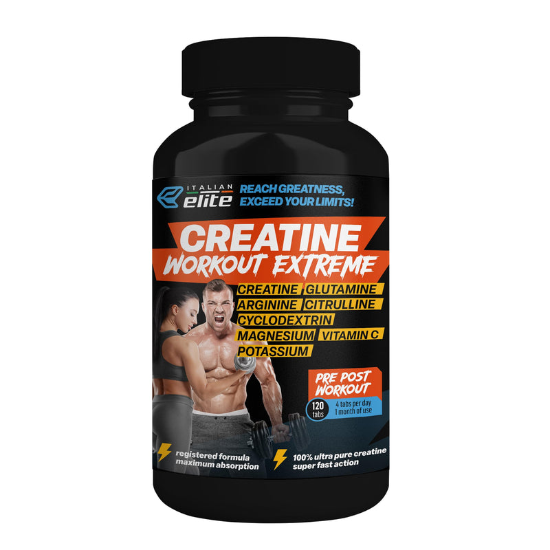 Italian Elite® Creatine Extreme, Creatine with Glutamine, Arginine, Citrulline, VIT C, Magnesium, Potassium. Pre-Post Workout 120 tabs Micronized Monohydrate with Rapid Muscle Absorption.