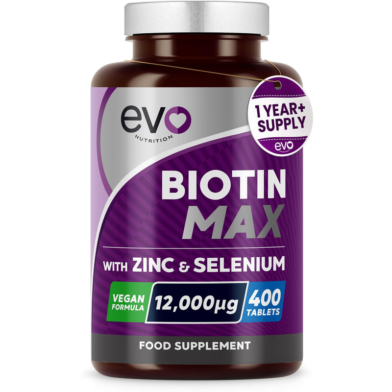 Biotin Max with Zinc & Selenium | High Strength Vitamins & Minerals to Support Hair, Skin & Nail Health | Vegan Food Supplement Complex | 400 Tablets for a 13 Month Supply | UK Made by EVO Nutrition