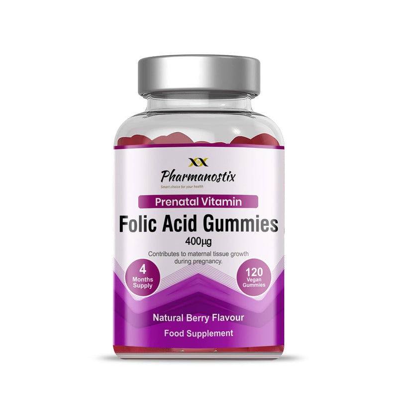 Pharmanostix Folic Acid 400μg Pregnancy Gummy - Vitamin B9 Prenatal Conception - 120 Natural Berry Flavour Vegan Gummies to Support Health Pregnancy & Foetus Development - GMO & Allergens Free