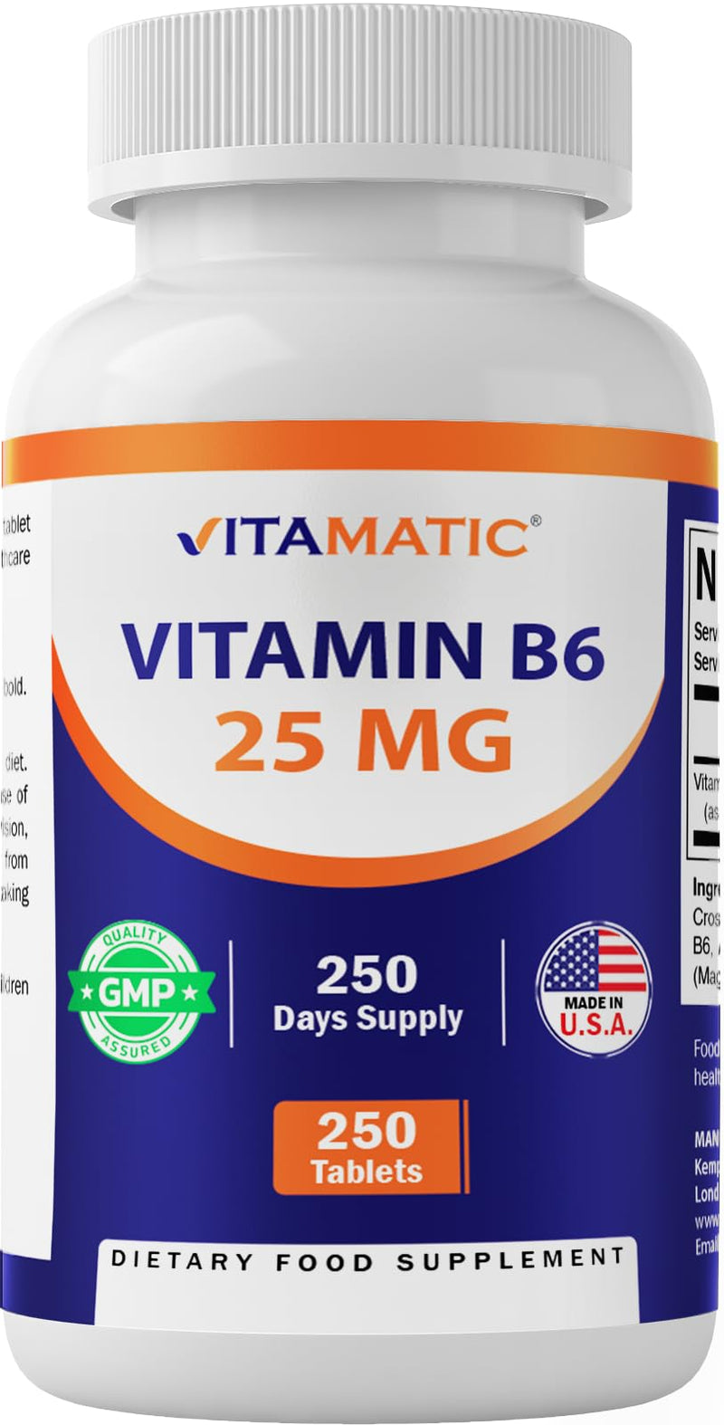 Vitamatic Vitamin B6 (Pyridoxine HCI), 25 mg 250 Vegetarian Tablets - Promotes Energy Production, boosts Metabolism and Immune Health Support