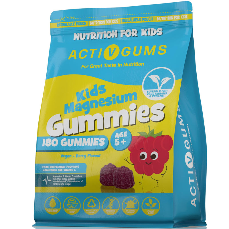 Kids Magnesium 180 Vegan Gummies | Magnesium Citrate 1250mg & Vitamin C 80mg | Support Sleep, Bones, Immune, Energy & Cognition | Resealable & Recyclable Pouch | Suitable for Kids Age 5+ by ActivGums® 180 count (Pack of 1)