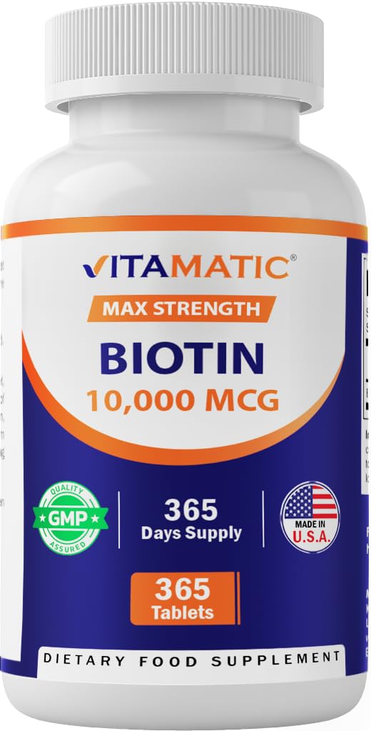 Vitamatic Biotin 10,000 mcg for Stronger Hair, Skin & Nails - 365 Vegan Tablets- Also Called Vitamin B7