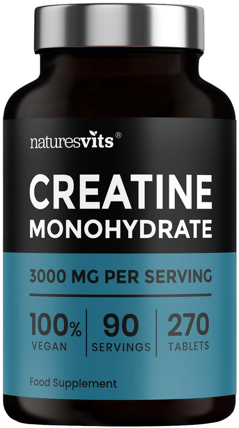 Creatine Monohydrate Tablets, 3000mg Per Serve - 270 Tablets - Gym and Nutritional Vegan Supplements for Men and Women - Post Workout Muscle Recovery - Unflavoured Formula