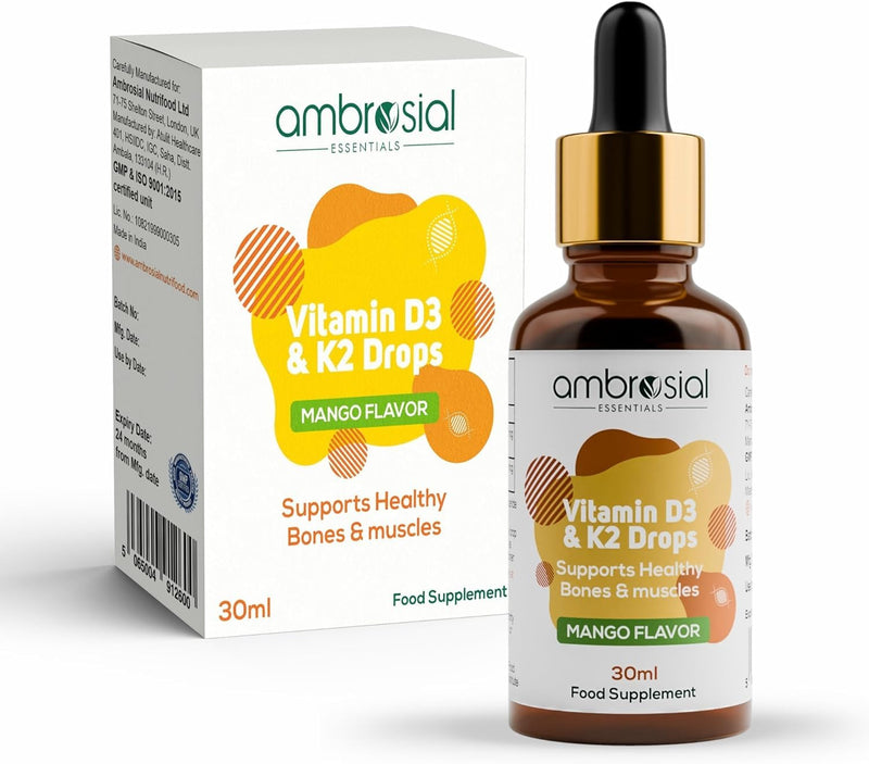 Ambrosial Vitamin D3 + K2 Drops – High Strength Liquid Supplement for Adults & Kids – 500 IU Vitamin D3 + 50 mcg Vitamin K2 – Mango Flavour, Gluten Free, Non-GMO, Easy-to-Take Vitamin D Liquid – 30 ml 30 ml (Pack of 1)