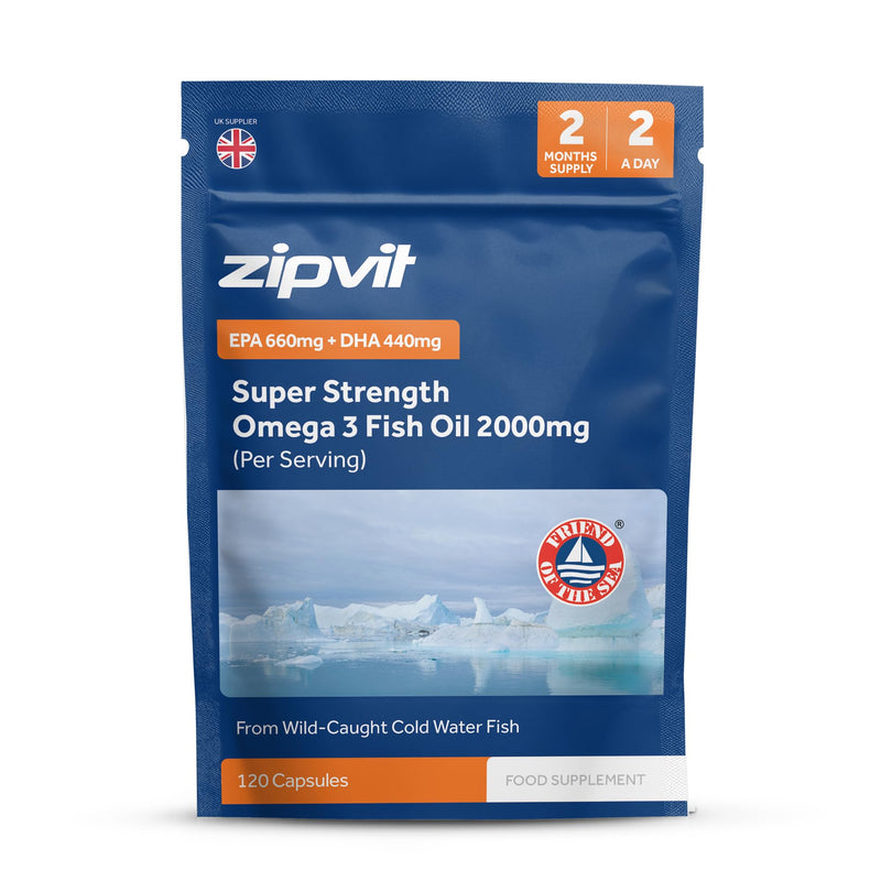 Zipvit Omega 3 Fish Oil 2000mg, EPA 660mg DHA 440mg, Wild-Caught, Cold Water Fish, Supports Heart, Brain & Vision, 120 Softgels, 2 Months Supply, Eco-Friendly Pouch Eco-Friendly Pouch 120 Softgel Capsules