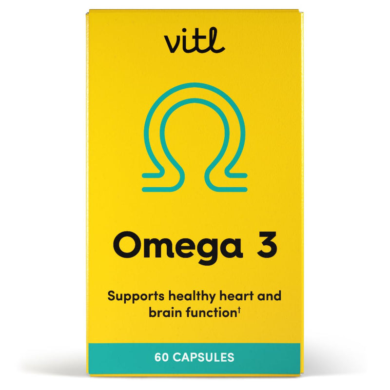 Vitl Omega 3 Fish Oil Supplement - 60 Softgel Capsules - Support Heart and Brain Health - 500mg Fish Oil, 250mg DHA & 50mg EPA - Highly Absorbable - 1 Month Supply
