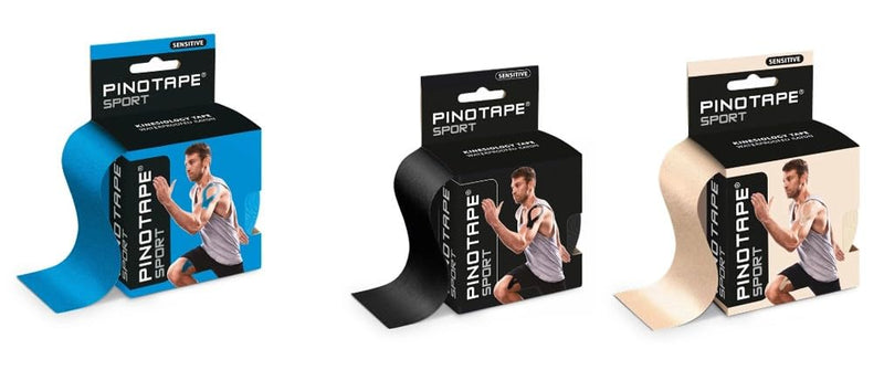 Pinotape Sensitive Set | Classic Colours | 3 Tapes Each 5 cm x 5 m | Waterproof Kinesio Tape | For Sensitive Skin | Light Blue, Light Black and Light Beige