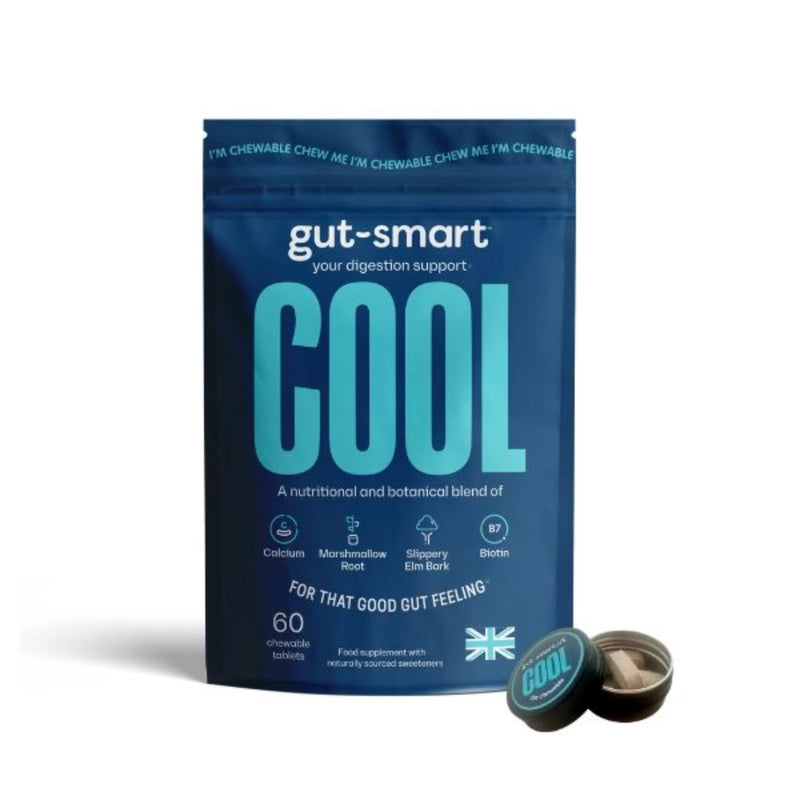 Gut–Smart Cool, 60 x Chewable Tablets, Fast Digestion Support, Natural Supplements for Healthy Digestion, Contains Slippery Elm, Marshmallow Root, Calcium and Biotin, Pocket TIN Included 60 Count