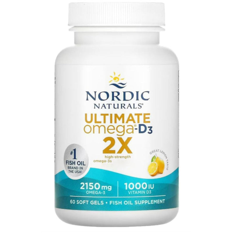 Nordic Naturals Ultimate Omega 3 2X, 2150mg Omega-3 Capsules High Strength Fish Oil Supplements with EPA and DHA and Vitamin D3, 60 Softgels, Lemon Flavour, Soy Free, Gluten Free