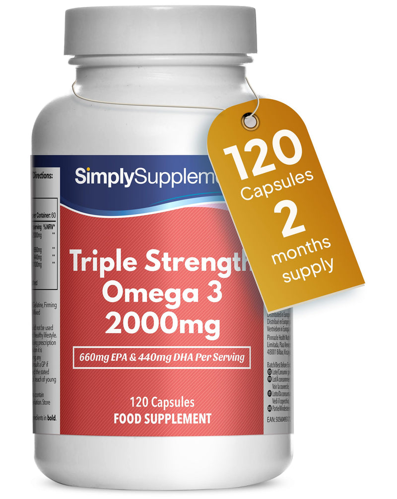 Triple Strength Omega 3 2,000mg | Supports Heart, Brain & Eye Health | Rich in Omega 3 Fatty Acids | 660mg of EPA and 440mg of DHA per Serving | 120 Capsules = 2 Months’ Supply | Made in UK