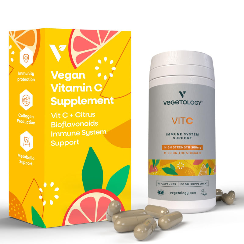 Vegetology Vitamin C Capsules High Strength, 500mg, Gentle Absorption, Sustainably Synthesised, Collagen & Metabolic Support, Vegan, Non GMO